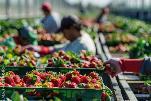 Immigrant migrant seasonal farm field workers pick and package strawberries directly into boxes