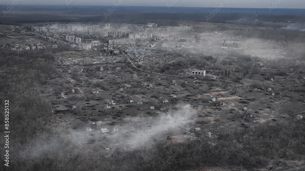 Fototapeta premium destroyed city war effect aerial photography from drone grunge and dirty image quality concept