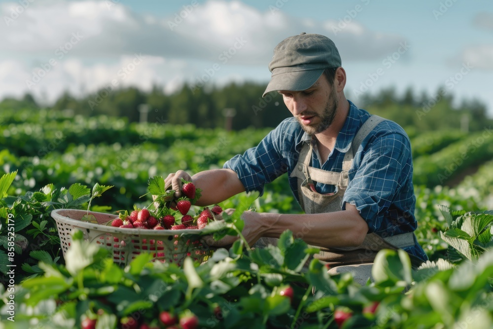 Male farm worker picking strawberries in a field  Male farm worker picking strawberries in a field