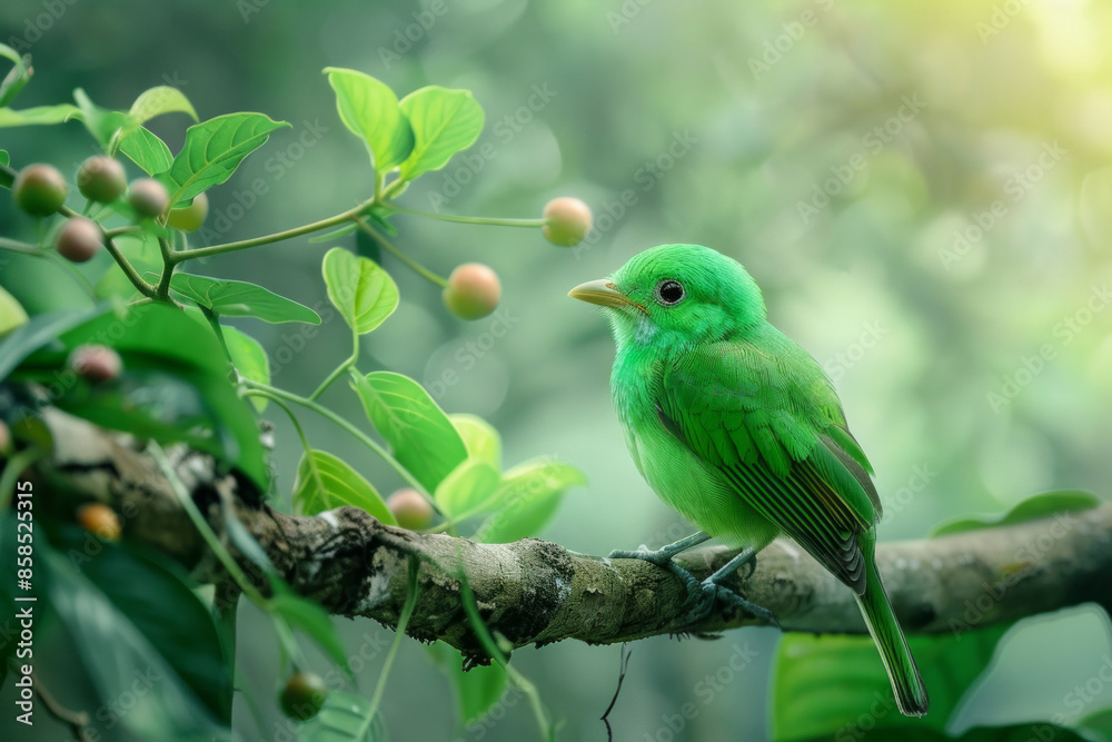 Singapore green broadbill bird on tree branch Singapore green broadbill bird on tree branch