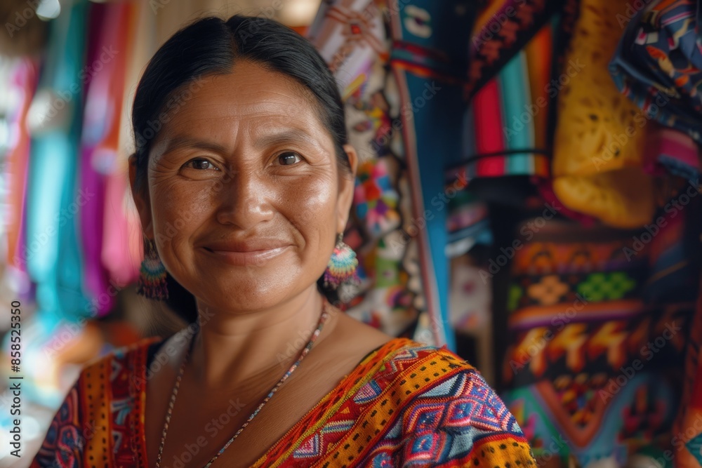 Mexican smiling at camera mother working in regional clothing business Mexican smiling at camera mother working in regional clothing business