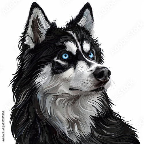 A black and white drawing of a siberian husky dog