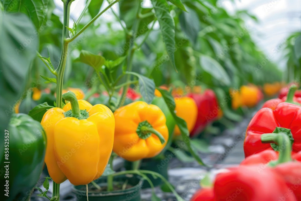 Greenhouse grown bell peppers harvested for market in various colors. Greenhouse grown bell peppers harvested for market in various colors.