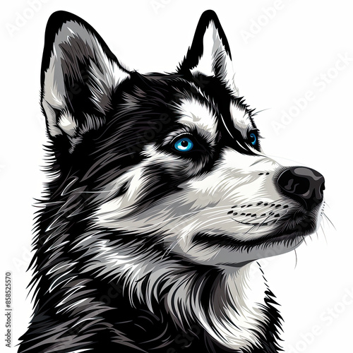 A black and white drawing of a siberian husky dog