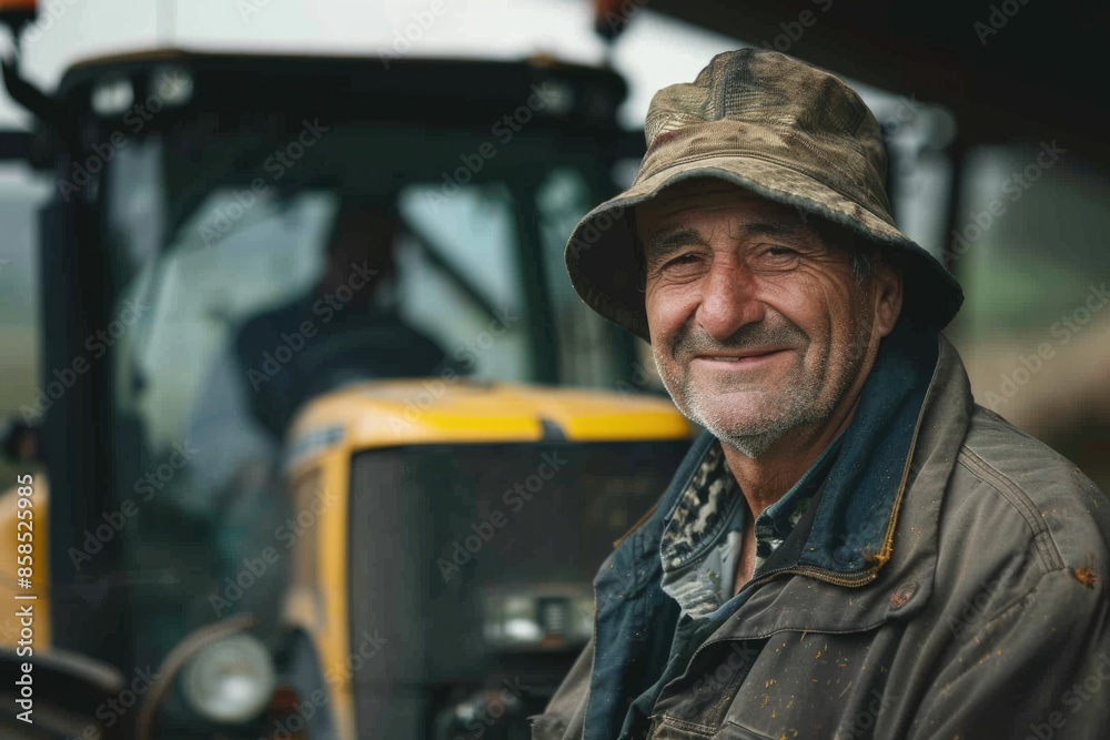 Portrait of a smiling farmer with a tractor behind him. Portrait of a smiling farmer with a tractor behind him.