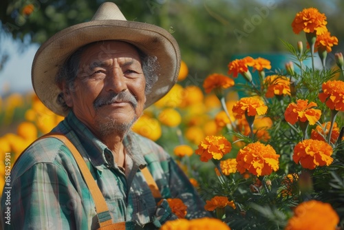 portrait of a Mexican farmer cultivating marigold flower Tagetes erecta photo