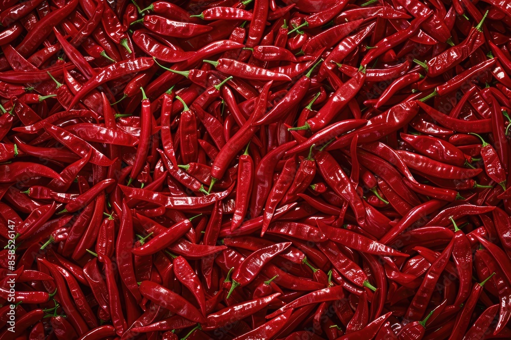 Fototapeta premium Red hot chilli peppers pattern texture background. Close up. A backdrop ofRed hot chilli peppers
