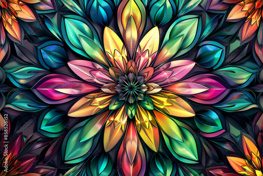 A colorful flower with many petals is displayed in a frame A colorful flower with many petals is displayed in a frame