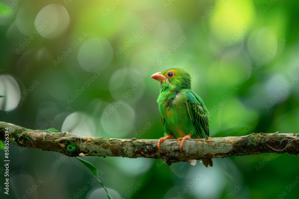 Singapore green broadbill bird on tree branch Singapore green broadbill bird on tree branch