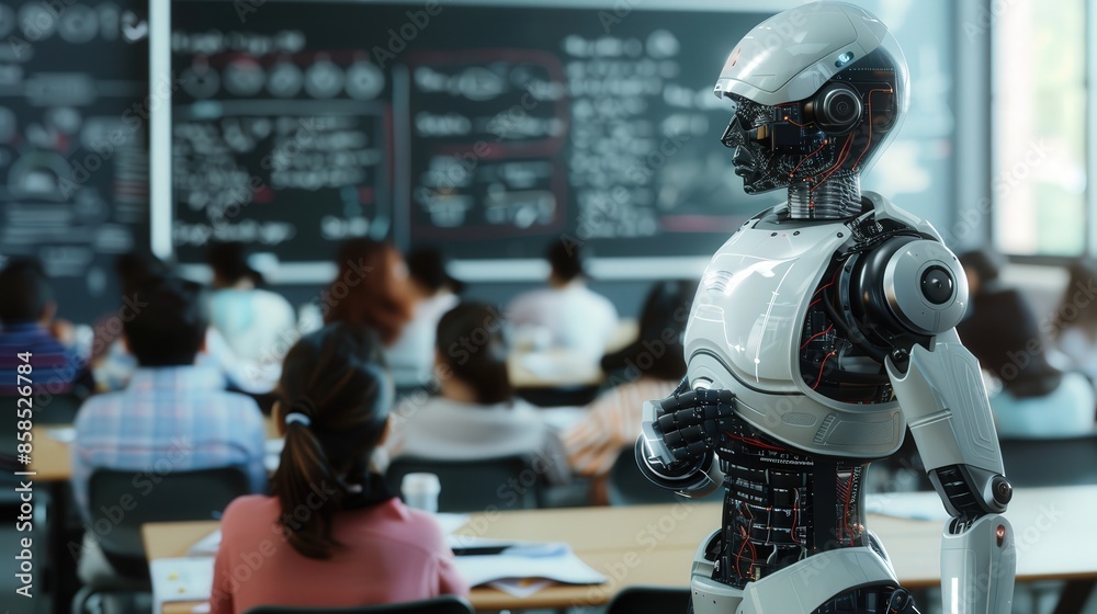 An AI teacher in front of a room of students  