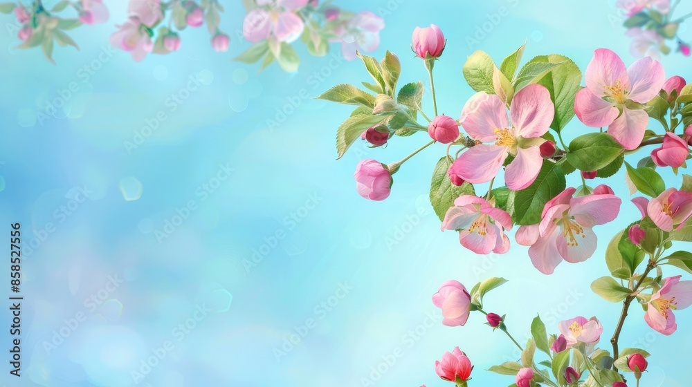 Blooming pink apple tree branch on banner against blue sky Elegant garden with room for text Blooming pink apple tree branch on banner against blue sky Elegant garden with room for text