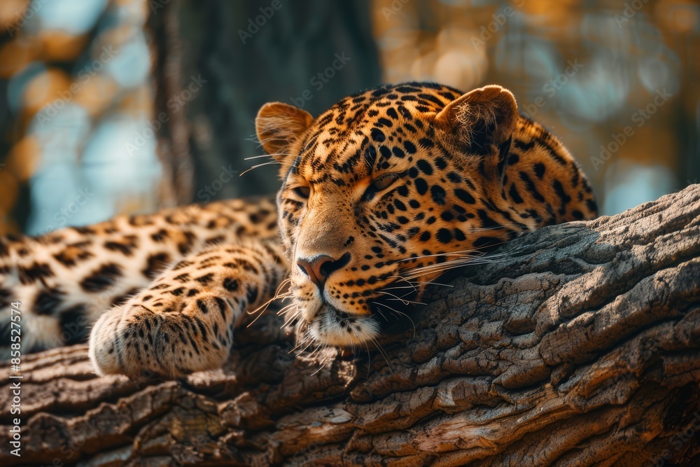 Leopard Resting on Tree Branch, Wildlife Closeup in Natural Habitat Leopard Resting on Tree Branch, Wildlife Closeup in Natural Habitat