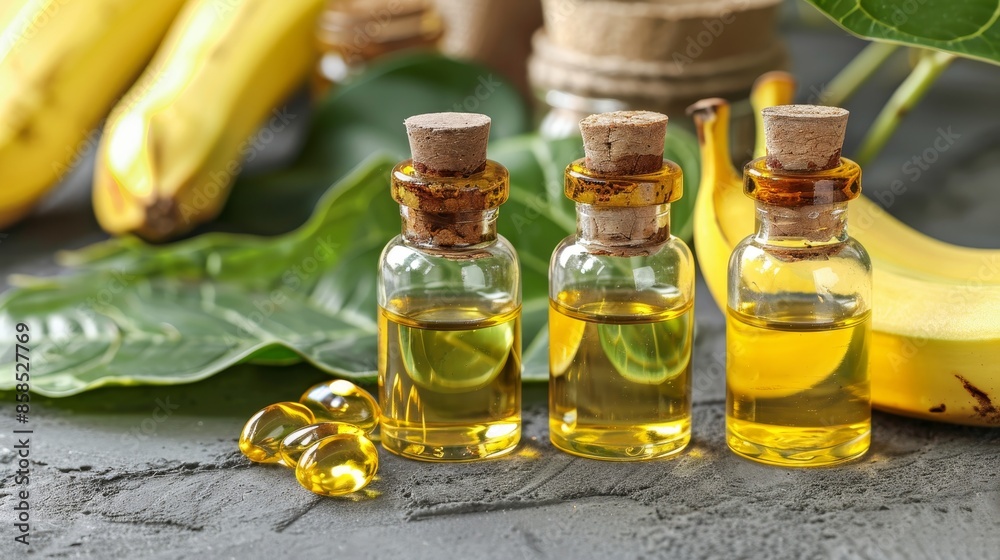 Plantain oil bottles with plantain leaves Plantain oil bottles with plantain leaves