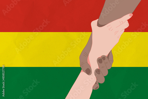 Helping hand against the Bolivia flag. The concept of support. Two hands taking each other. A helping hand for those injured in the fighting, lend a hand photo