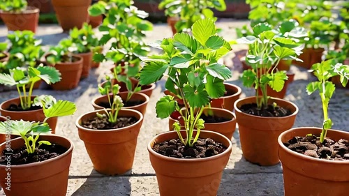 stowberry plant in pot.Seamless 4k time lapse virtual video animation background photo