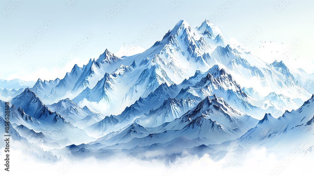 Obraz premium Winter mountain scenes creating a border, clear middle space, majestic winter peaks, grand handdrawn style, ideal for dramatic backgrounds