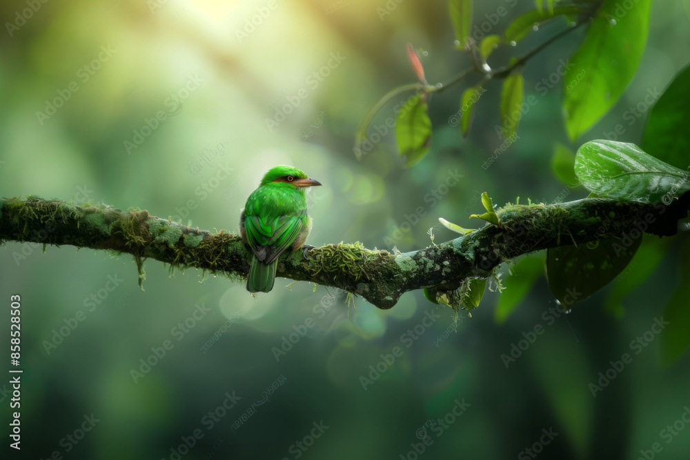 Singapore green broadbill bird on tree branch Singapore green broadbill bird on tree branch