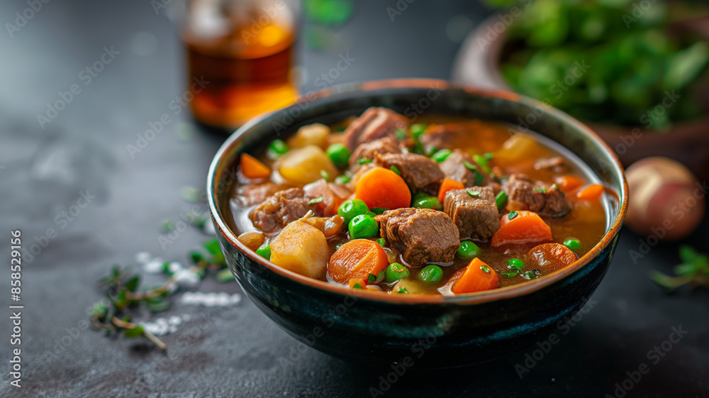 Hearty beef stew with tender chunks of meat, potatoes, carrots, and peas in a rich, flavorful broth With copy space for text. Hearty beef stew with tender chunks of meat, potatoes, carrots, and peas in a rich, flavorful broth With copy space for text.