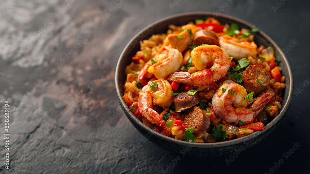 Fototapeta premium Paella loaded with saffron rice, seafood, chicken, and vegetables, garnished with fresh parsley and lemon wedges.