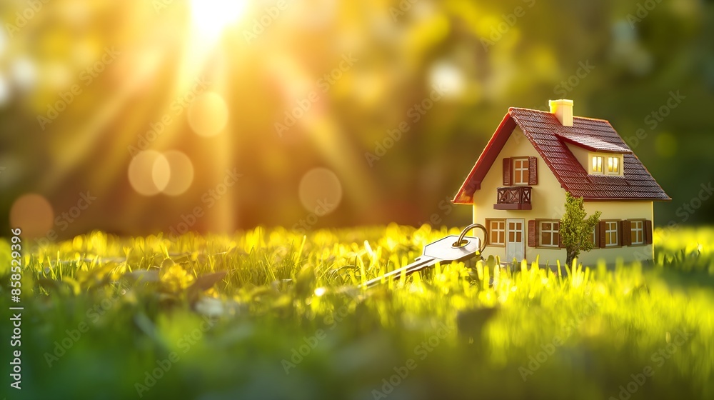 Miniature House Models With Keys On Grass – Real Estate Concepts Captured In Natural Daylight, Sunset, And Golden Hour, Tiny House Model With Key On Sunlit Grass, Copy Space, Banner, Mortgage Or Buy Miniature House Models With Keys On Grass – Real Estate Concepts Captured In Natural Daylight, Sunset, And Golden Hour, Tiny House Model With Key On Sunlit Grass, Copy Space, Banner, Mortgage Or Buy