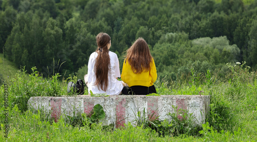 Slika na platnu Two girls friends communicate in nature