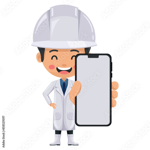 Quality control supervisor with mobile phone. Communication, notification and contact. Food industry engineer. Chief food safety. Science, technology and safety in food production and processing
