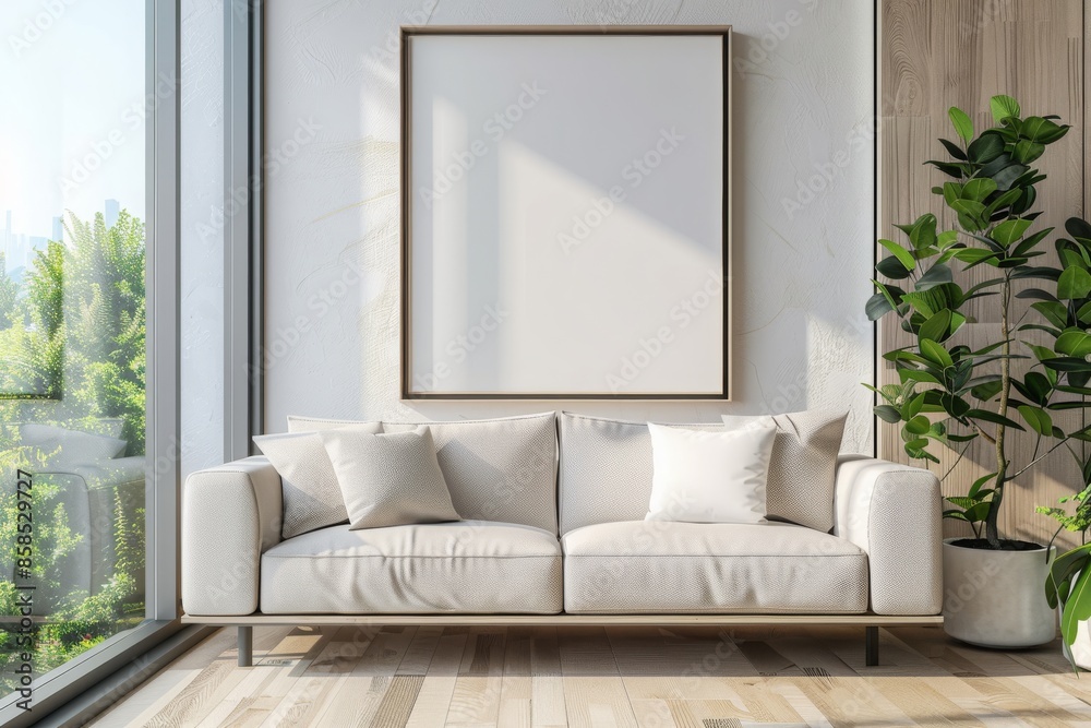 Fototapeta premium illustration of mock-up wall decor frame is hanging in cozy minimalism living room with comfort sofa
