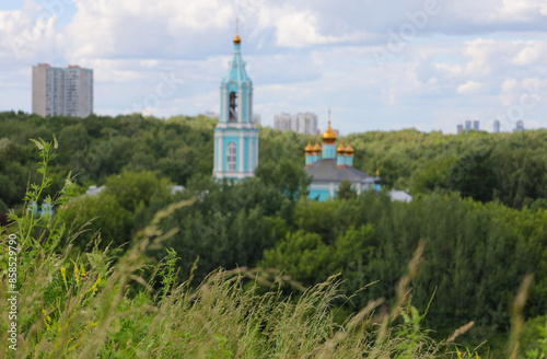 Church of the Nativity of the Blessed Virgin Mary in Krylatskoye, Moscow. Beautiful Orthodox Christian temple on the hills. photo