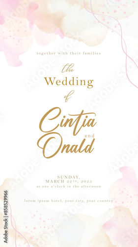 wedding invitation card with abstract splash pink watercolor background