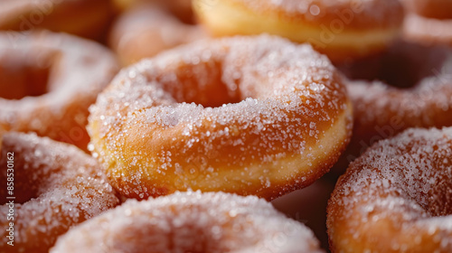 A row of donuts with powdered sugar on top