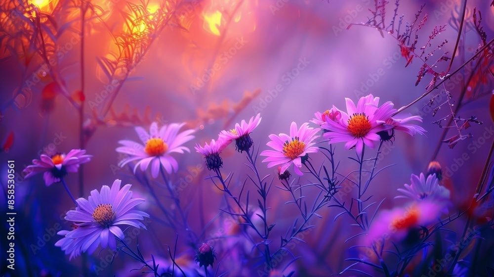 Purple asters in autumn sunlight