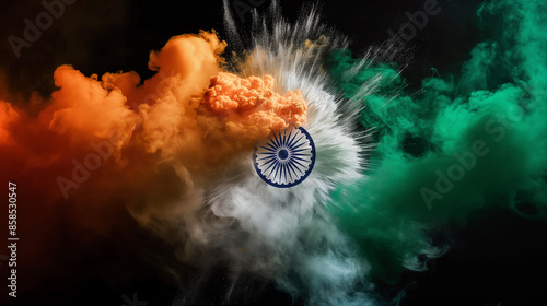 Tri colour smoke bomb with the colors of indian flag with a black background