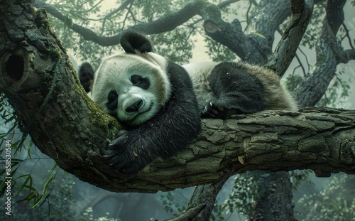 Giant Panda Resting on a Tree Branch in a Lush Forest