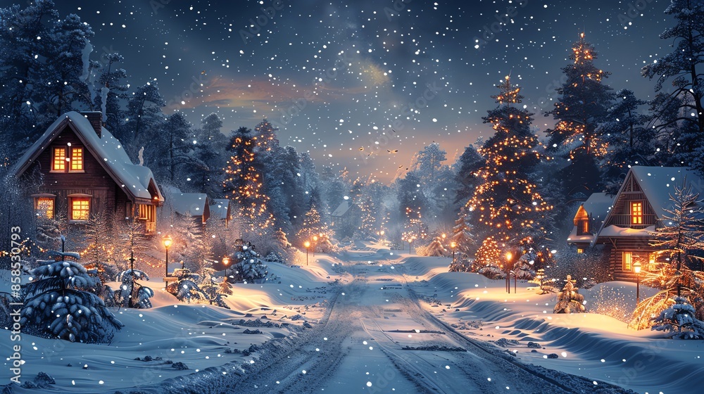 Winter village scenes with lights at the edges, clear space in the middle, inviting winter village, illuminated handdrawn charm, ideal for picturesque backgrounds Winter village scenes with lights at the edges, clear space in the middle, inviting winter village, illuminated handdrawn charm, ideal for picturesque backgrounds