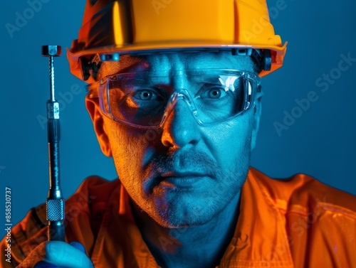 Medium shot of Electrician man holding screwdriver, themed background, photo