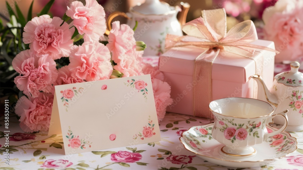 A delicate tea set with pink carnations, a wrapped gift with a bow, and a floral-themed greeting card on a beautifully decorated table. A delicate tea set with pink carnations, a wrapped gift with a bow, and a floral-themed greeting card on a beautifully decorated table.