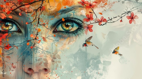abstract collage of woman's face and birds