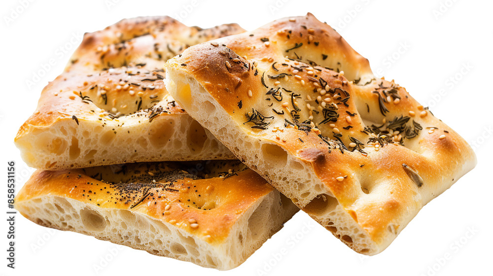 Freshly Baked Focaccia Bread with Olive Oil and Herbs, Isolated on Transparent Background. Traditional Italian Bakery Snack for Gourmet Cuisine, Perfect for Culinary Arts and Healthy Meals.