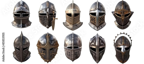 Set of Medieval Knight Helmets isolated on white background photo