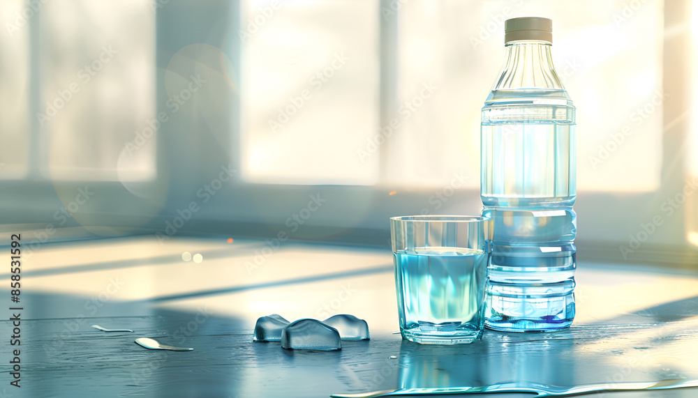 transparent bottle of water and glass on blue kitchen background