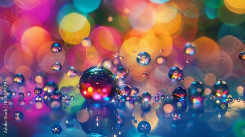 Colorful water droplets against a bokeh background