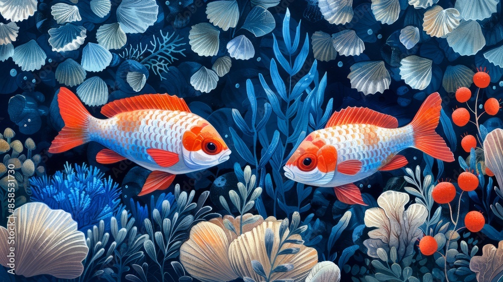 Illustration of fishes floating underwater. The deep sea. Marine underwater habitat background Illustration of fishes floating underwater. The deep sea. Marine underwater habitat background