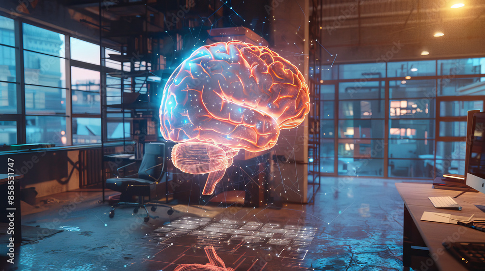 A picture of a brain and a hologram float inside an office space with its windows in the background. A picture of a brain and a hologram float inside an office space with its windows in the background.