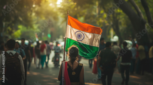 Woman holding huge Indian flag fluttering proudly in the wind photo