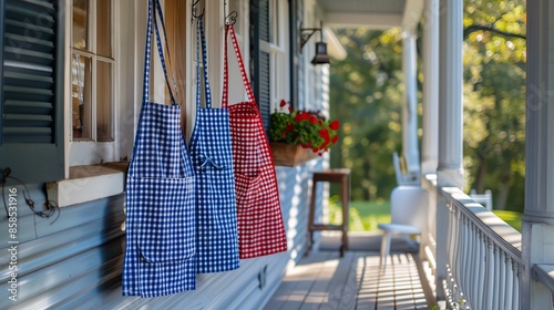 American Flag Aprons on Porch Red, white, and blue aprons hanging on a porch, with blank space around for text The festive kitchen accessories and porch scene add a homely touch photo