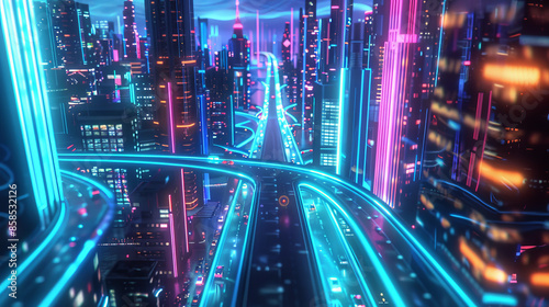 Neon lights illuminate a sleek highway slicing through a futuristic metropolis. © Rabil