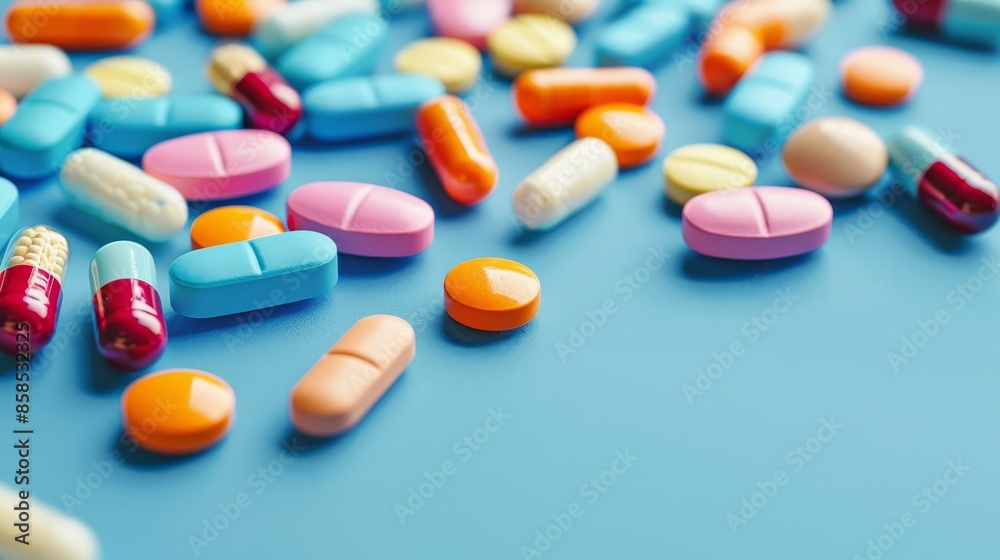Colorful medication pills on blue background Colorful medication pills on blue background