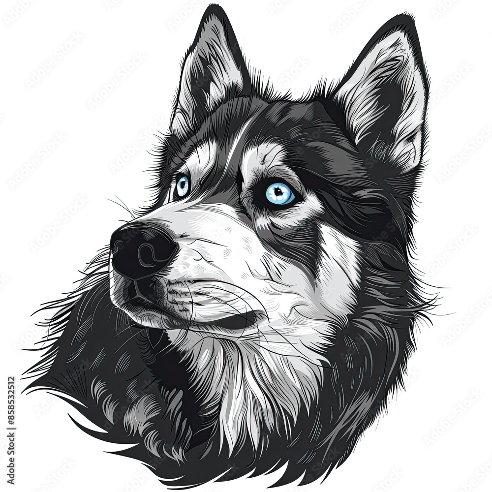 A black and white drawing of a siberian husky dog A black and white drawing of a siberian husky dog