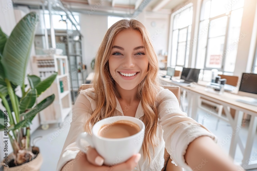 A Photo of attractive happy lady sitting chair A Photo of attractive happy lady sitting chair