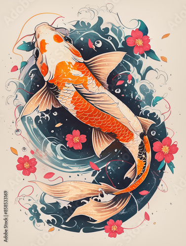 koi fish in neotraditional japanese style
